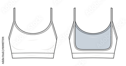 Minimal Strappy Sports Bra Technical Fashion Illustration. Front and Back View. Slim Straight Straps. Scoop Neckline. Comfortable Fit. Activewear. White Color. Blank CAD Mockup.