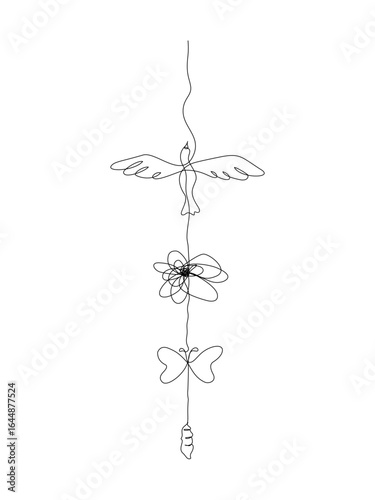 Continuous line art of a tangled in a mess with a butterfly chrysalis and bird in mental health concept, editable stroke.	