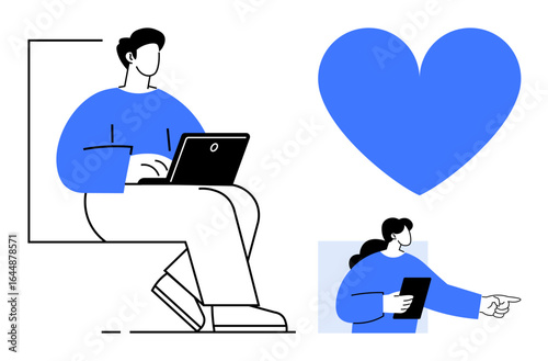 Two individuals using devices, a bold heart symbolizing connection. Ideal for teamwork, online learning, technology, collaboration, communication, relationships, simple landing page