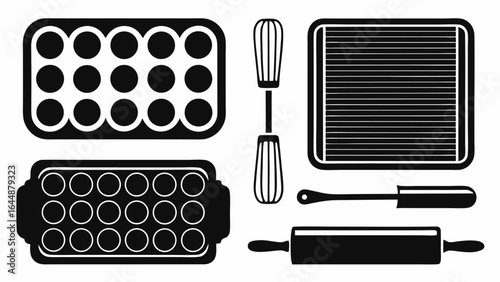 Illustration of baking tools including muffin tins whisk spatula rolling pin and baking sheet in black and white silhouette
