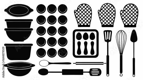 Illustration showcasing an assortment of kitchen utensils and baking equipment in black silhouette style
