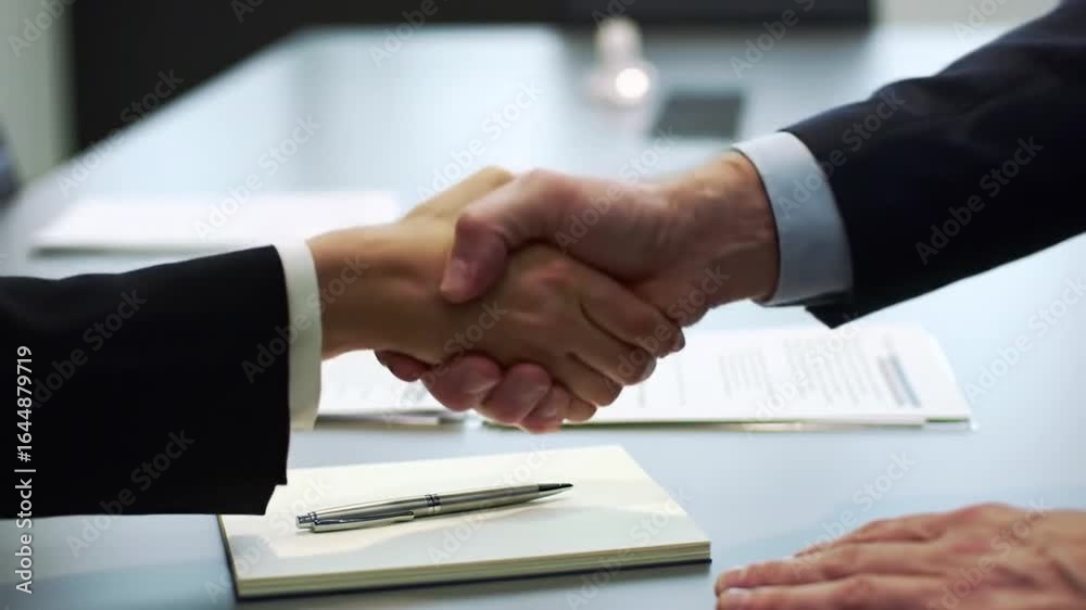 Closing Business Deal Two Professionals Shaking Hands Over Signed Agreement Closing Business Deal Two Professionals Shaking Hands Over Signed Agreement