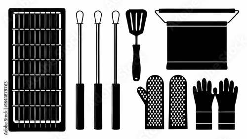 Illustration of a barbecue grill with tools including spatula and gloves in black and white color scheme silhouette