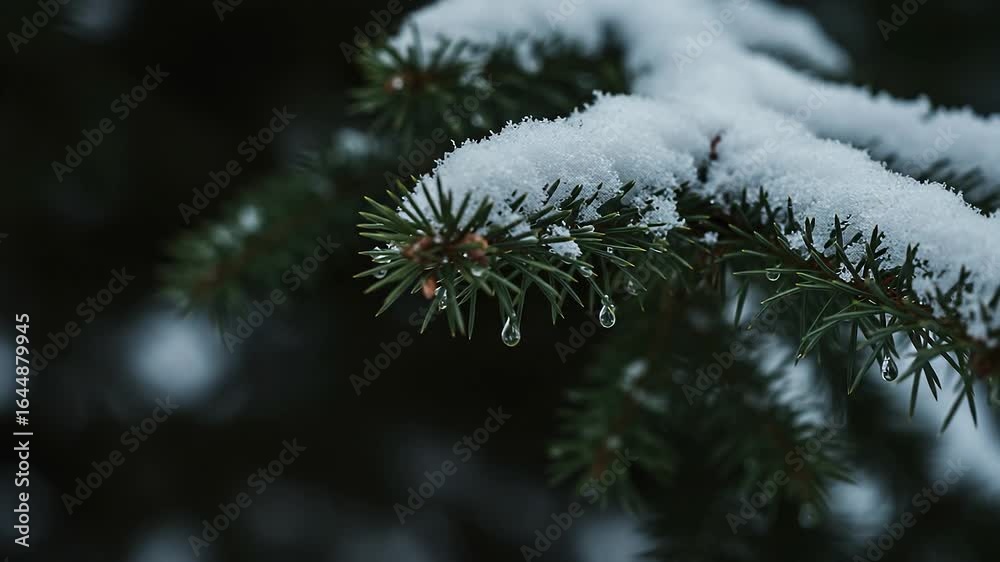 Snow Melting on Pine Needles with Water Droplets in Winter Snow Melting on Pine Needles with Water Droplets in Winter