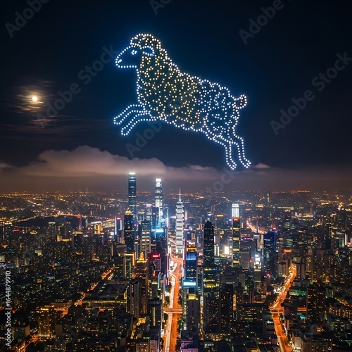 Drones form a Sheep over Guangzhou Cityscape at Night with Moon