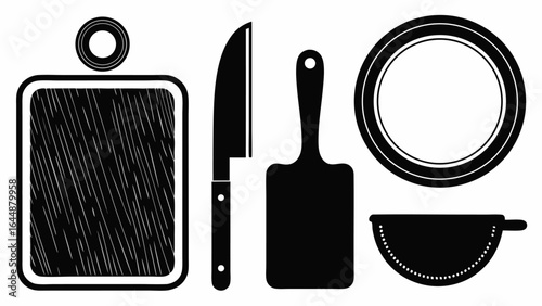 Illustration of kitchen utensils including a cutting board, knife, spatula, bowl, and colander in black silhouette
