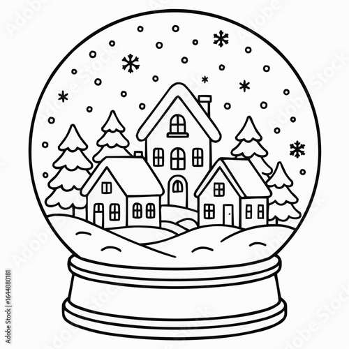 Coloring page for kids - Snow globe with winter houses and trees in black and white design  