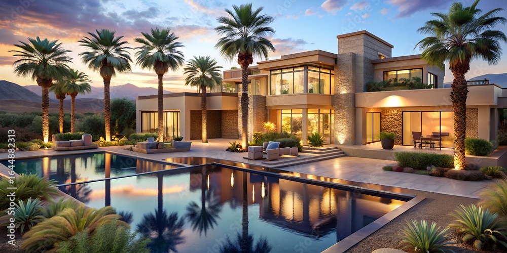 Fototapeta premium Photo of luxury house with swimming pool and palm trees, showcasing modern architecture, real estate property, and residential design in a beautiful outdoor landscape