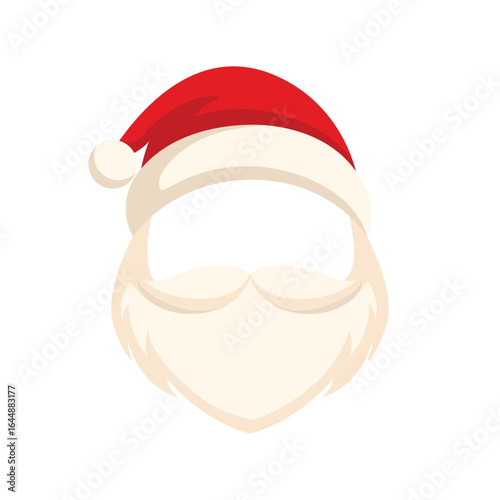 Christmas hat and white beard of Santa Claus. A separate element, a vector illustration for a holiday, New Year, Christmas card and banner.