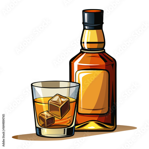Realistic Whisky Bottle and Glass with Ice on White Background
