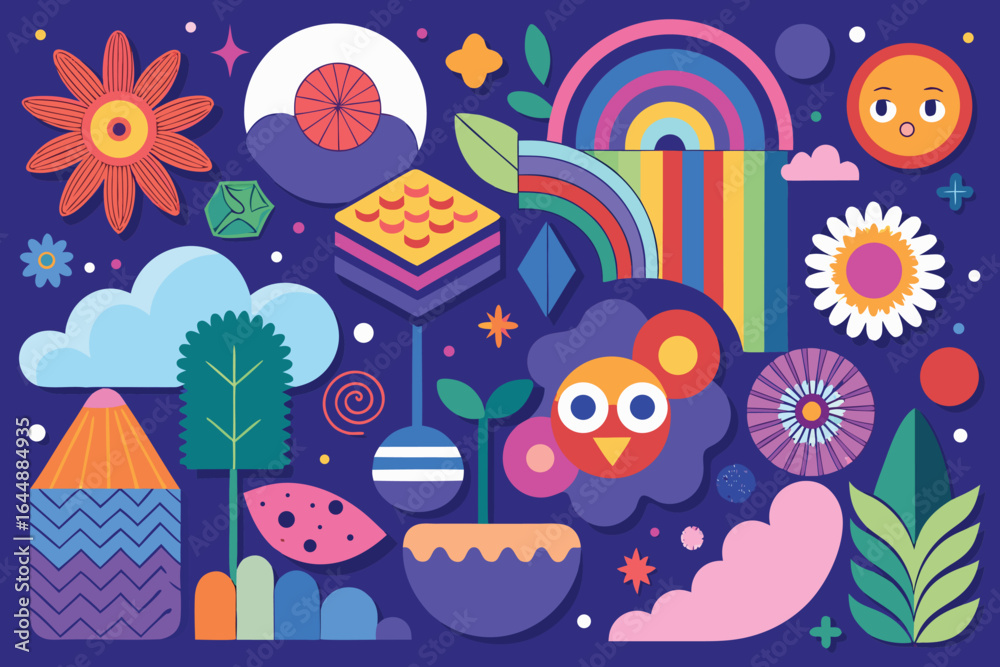Fototapeta premium Colorful and playful abstract graphic design with flowers trees rainbows and decorative elements on a dark blue background
