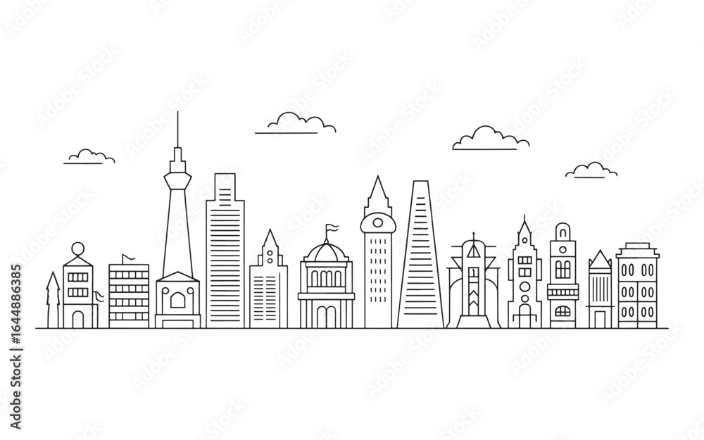 Obraz premium Monochrome Cityscape Outline with Towering Structures and Fluffy Clouds Minimalist Line Drawing of a Modern Metropolis Urban Skyline