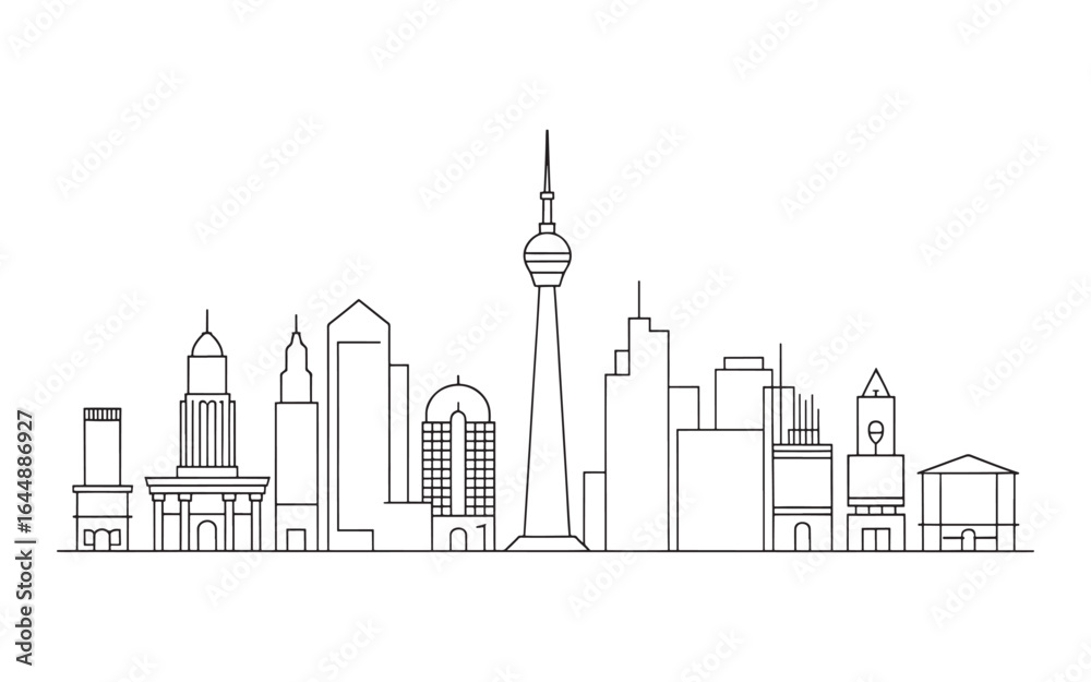 Detailed Line Art Depiction of a City Skyline Silhouette Featuring Various Buildings and Structures Against a White Background, Simple and Minimalist