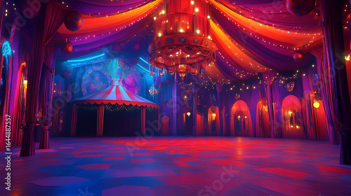 Enchanting ballroom adorned with vibrant drapes, a grand chandelier, and festive lights, perfect for a magical celebration or theatrical event, creating an immersive atmosphere