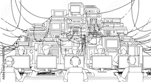 Illustration of a room full of computers and gaming devices, depicting a gaming cafe or LAN party.