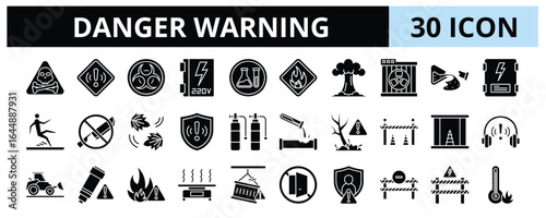 30 Danger Warning Glyph Icons Vector - Danger, Warning, Biohazard, Toxic, Radiation, High Voltage