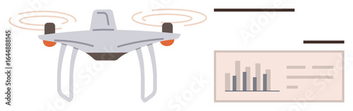 Drone with rotating propellers and bar chart display suggesting data analysis, innovation, aerial technology. Ideal for tech, data, analytics, surveillance, research AI innovation. Simple flat