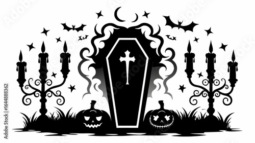 Silhouette halloween scene with coffin, pumpkins, bats, candles, stars and moon in black and white