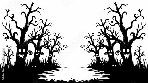 Silhouette of spooky trees with faces and bare branches in a halloween themed forest illustration scene