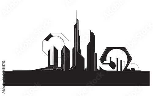 Futuristic Cityscape Silhouette with Geometric Structures, Modern Architecture, and Abstract Design Elements Creating a Vision of the Future