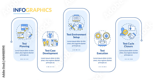 Program testing life cycle rectangle infographic vector. Data management, bug analysis. Data visualization with 5 steps. Editable rectangular options chart. Lato-Bold, Regular fonts used