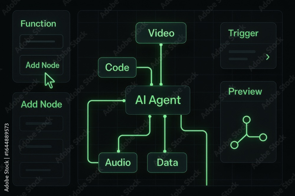 Fototapeta premium AI Agent Node Editor with Visual Flowchart for Code, Audio, Video and Data Integration 