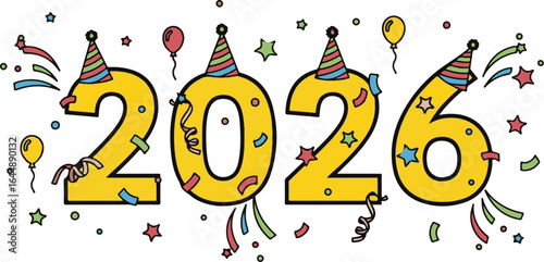 New Year 2026 illustration in yellow with party hats and colorful confetti