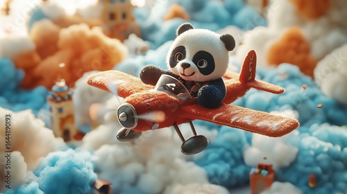 Stuffed panda as a pilot flying a tiny airplane over a fluffy toy world