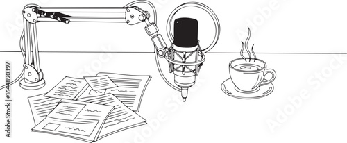 Podcast setup illustration with microphone, papers, and coffee