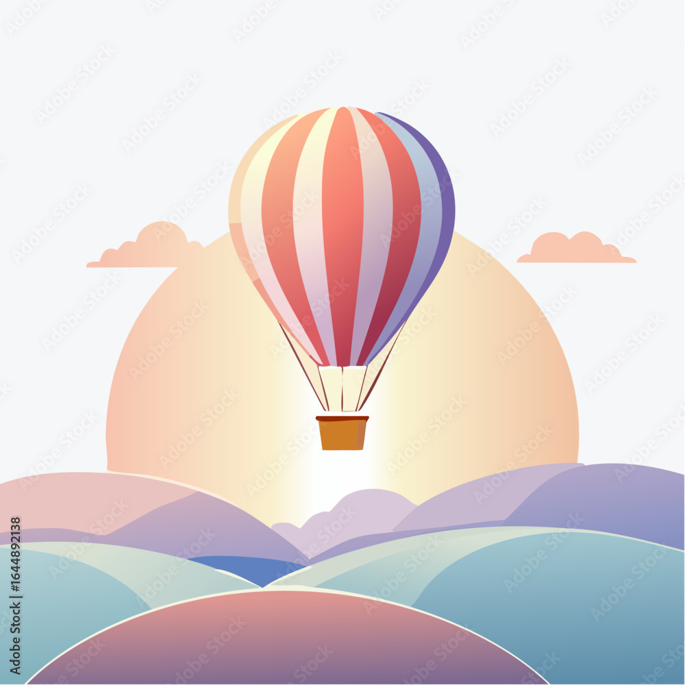 Fototapeta premium A hot air balloon drifting over hills in flat minimal pastel tones.