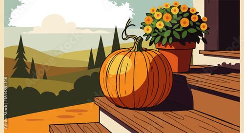 Pumpkin on a Porch Step - Autumn Welcome