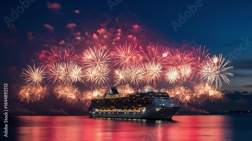 Fireworks display over a cruise ship at night