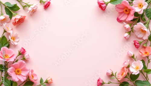 A beautiful arrangement of delicate pink flowers on a soft pink background, perfect for spring-themed designs.