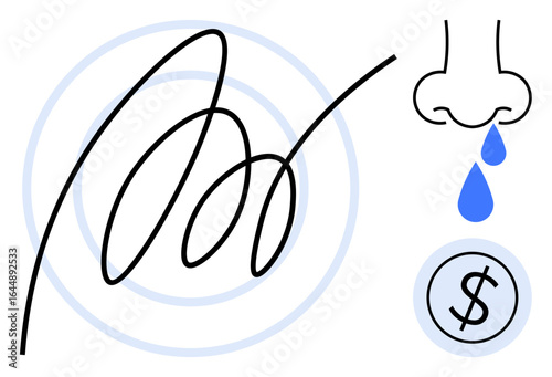 Abstract loops, nose with blue drops, and dollar coin. Ideal for health cost, loss, vulnerability, medical expenses, financial burden economic stress wellness struggles. Simple flat metaphor