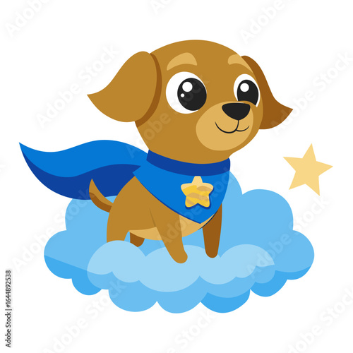 Superhero dog with a blue cape sitting on a cloud, isolated on white background