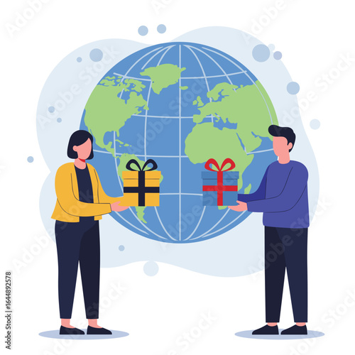The globe in the background symbolizes global connection, and the exchange of gifts represents goodwill and international cooperation.