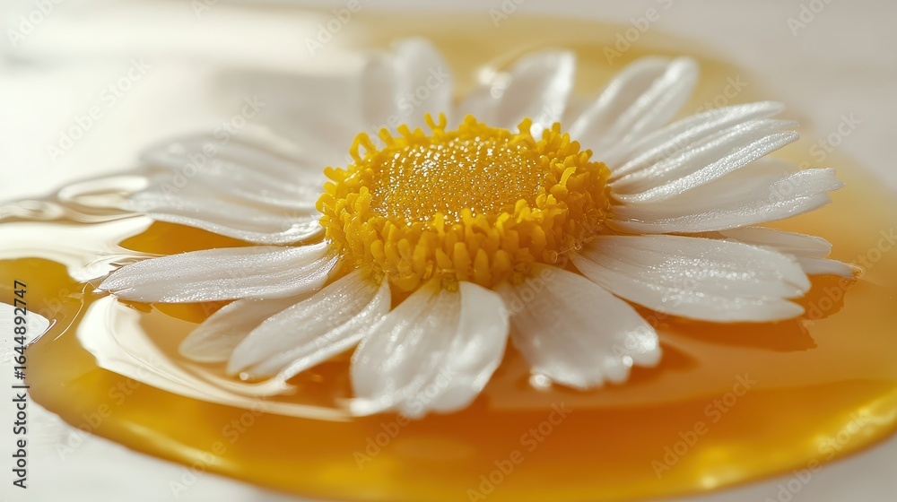 Fototapeta premium Delicate Daisy Flower on Honey Surface with Glimmering Brightness