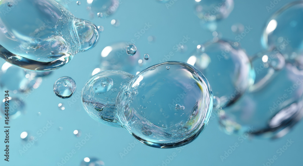 Crystal Clear Water Bubbles Suspended Against a Blue Backdrop Crystal Clear Water Bubbles Suspended Against a Blue Backdrop
