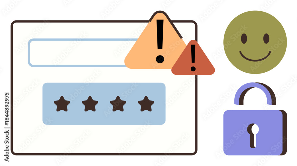 Fototapeta premium Password input field, alert triangles, lock icon, and happy face represent cybersecurity, privacy, safety, user experience, identity risk and system accessibility concepts. Ideal for simple landing