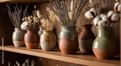 Vases with dried flowers and cotton bolls on wood shelf, earthy tones