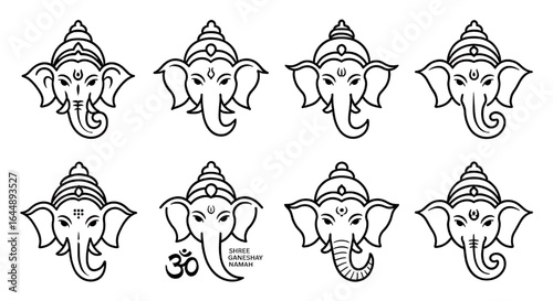 Lord Ganesha Face Line Art Vector Set - Hindu God Icon & Indian Deity Illustrations