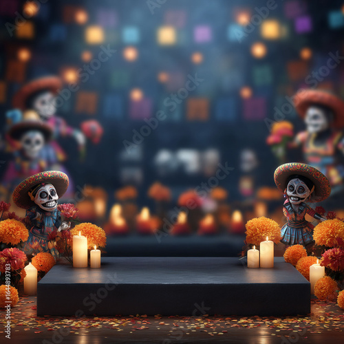 Wallpaper Mural Day of the Dead Festive Background with Podium for Product Display – Colorful Mexican Celebration Scene with Candles, Marigolds, and Skeleton Figurines Torontodigital.ca