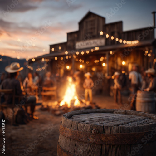 Wallpaper Mural Rustic Wild West Saloon Product Mockup Template – Wooden Barrel Foreground for Branding, Packaging, or Design Showcase with Cowboy Campfire Gathering at Sunset Torontodigital.ca
