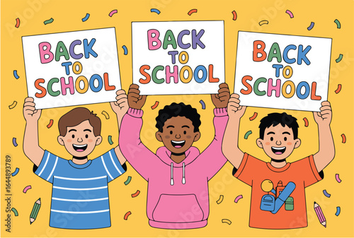 Three Happy Children Holding Back to School Signs – Colorful Education Celebration