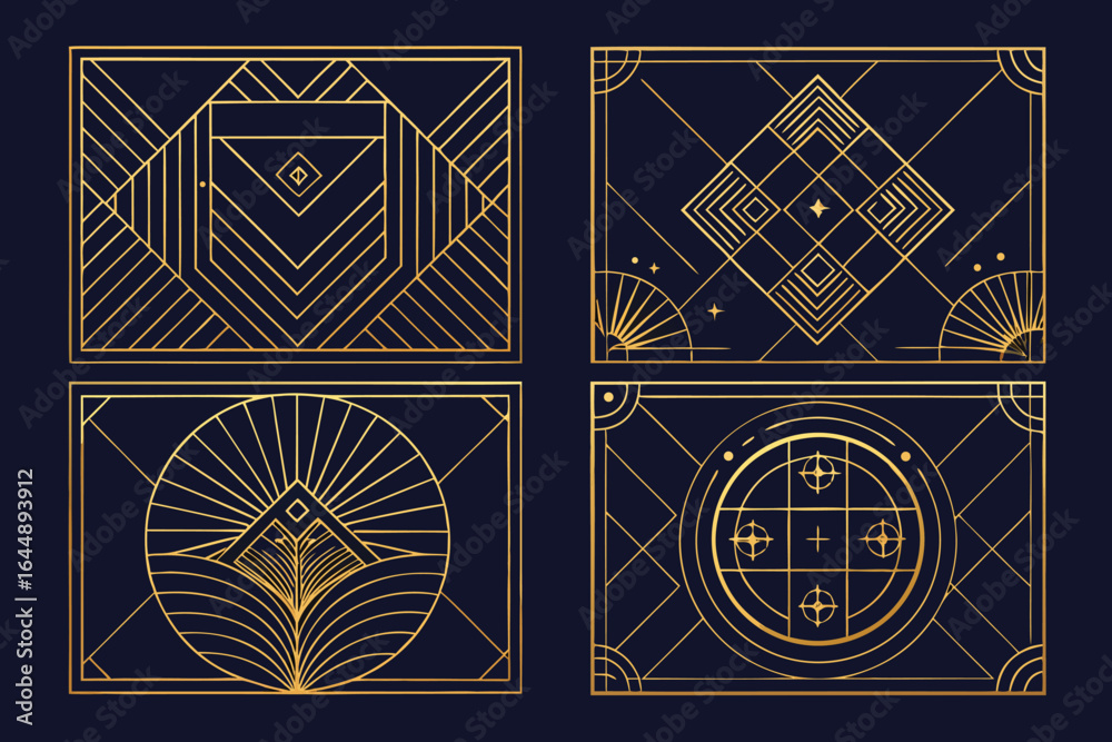 Fototapeta premium Elegant golden geometric designs set against a dark blue background featuring art deco inspired ornamental structures
