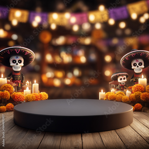 Wallpaper Mural Day of the Dead Product Mockup Template – Mexican Día de los Muertos Festive Background with Marigolds, Candles, and Skeleton Figurines for Branding, Packaging, or Design Showcase Torontodigital.ca