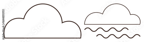 Two clouds outlined in black, one accompanied by wave-thumbs up lines symbolizing precipitation, water cycle. Ideal for weather forecast, nature, environment, minimal design, ecology, sustainability