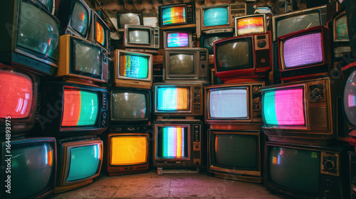 A cluttered room filled with stacked vintage CRT televisions displaying colorful static.