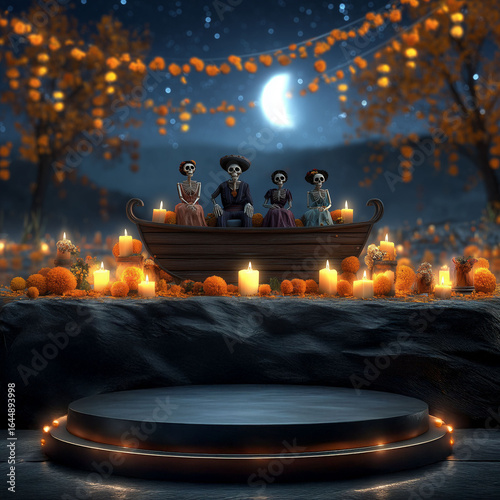 Wallpaper Mural Day of the Dead Night Festival Product Mockup Template – Skeleton Figures in Boat with Marigolds, Candles, and Moonlit Podium for Branding, Packaging, or Design Showcase Torontodigital.ca