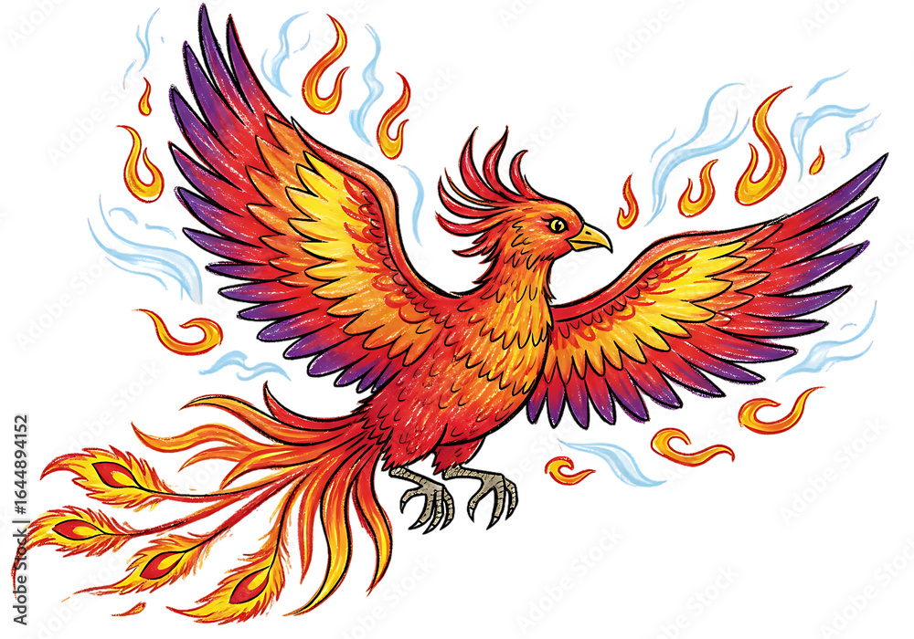 Fototapeta premium Fiery Phoenix Bird Illustration: Mythical Creature, Vibrant Colors, Fantasy Art, Winged, Majestic, Powerful.